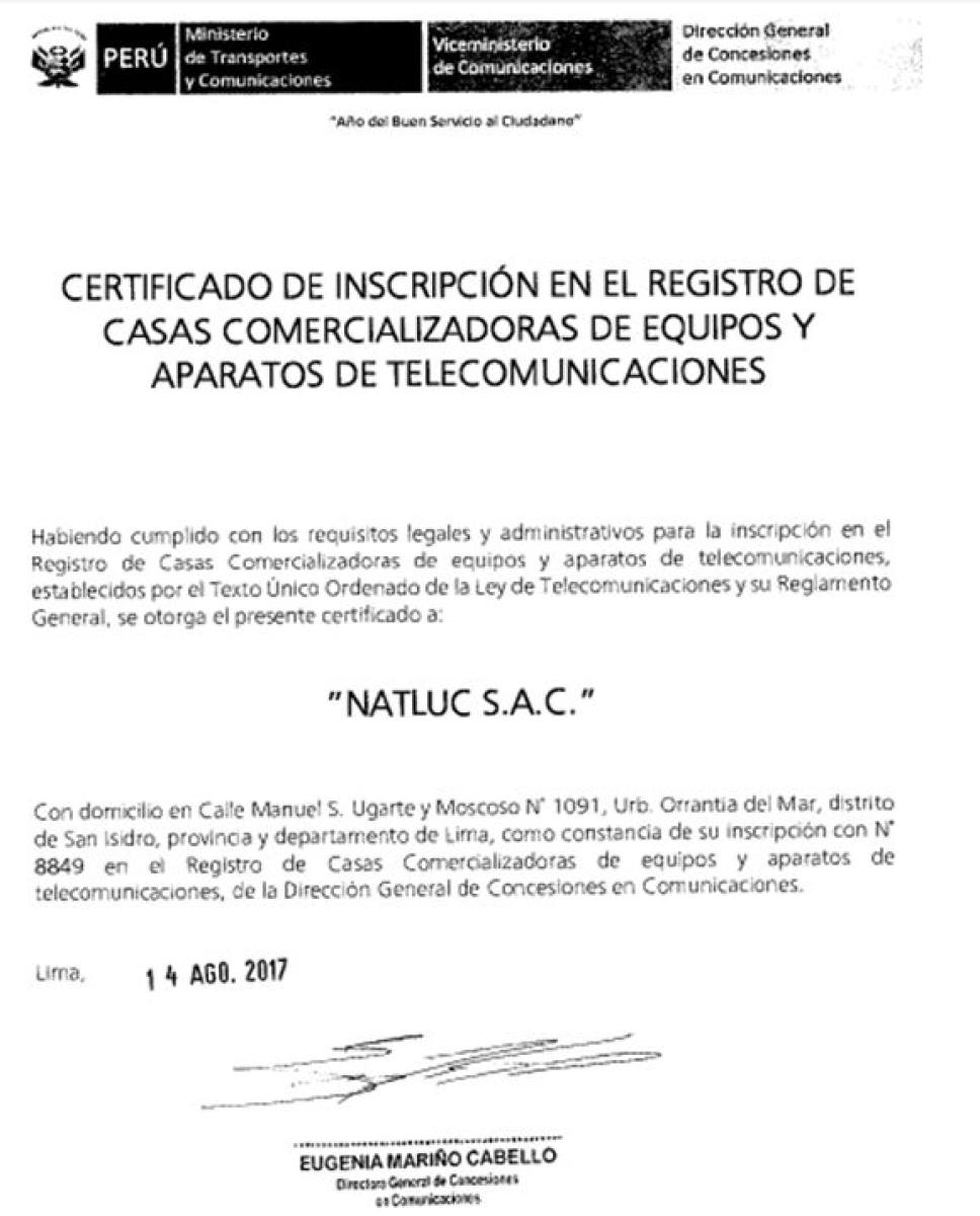 certificado de ministerio de transportes y comunicaciones